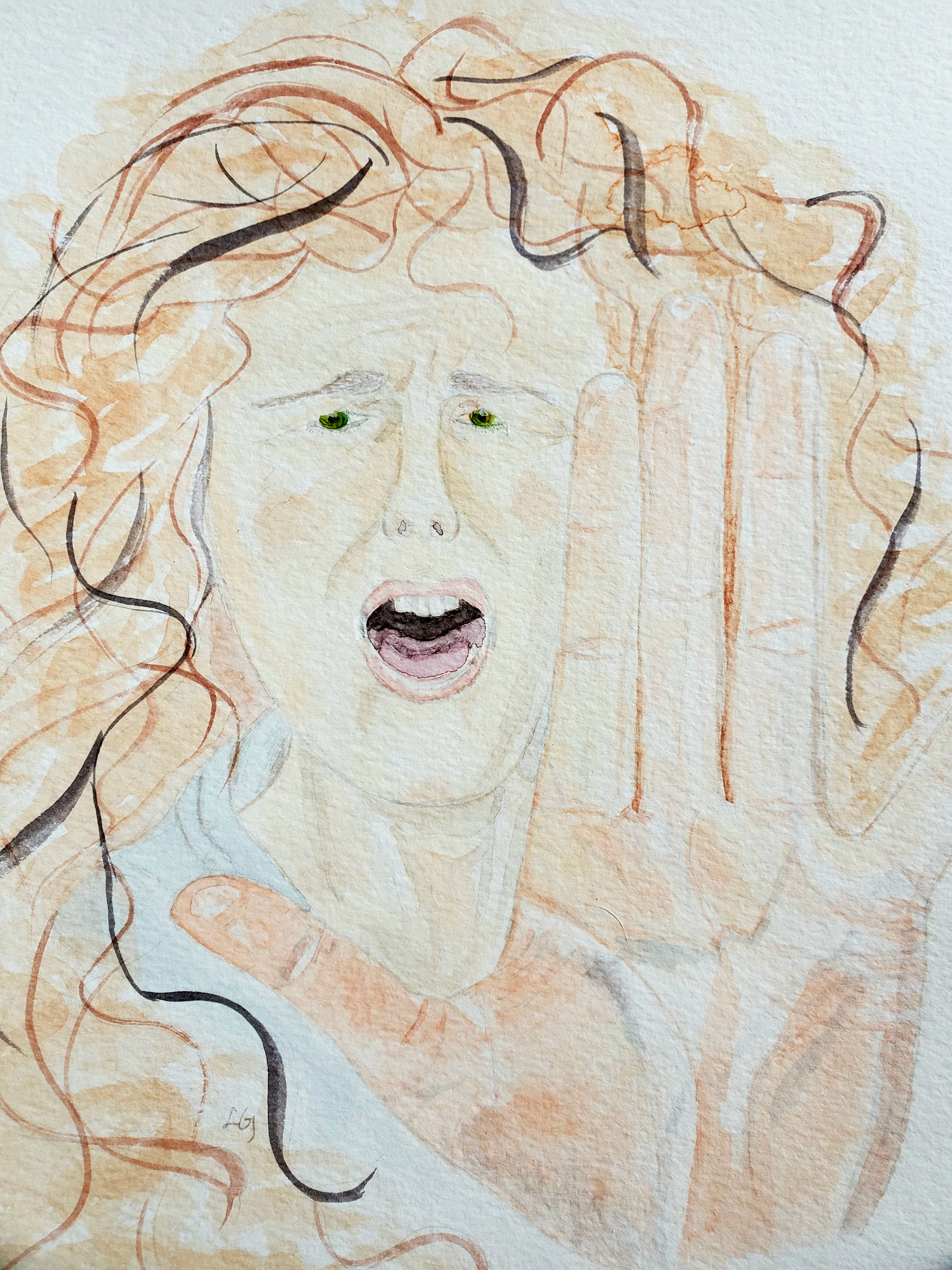 Watercolor of an upset frowning middle-aged woman, who begins to widen her mouth to yell as she holds her flat palm in front of her.