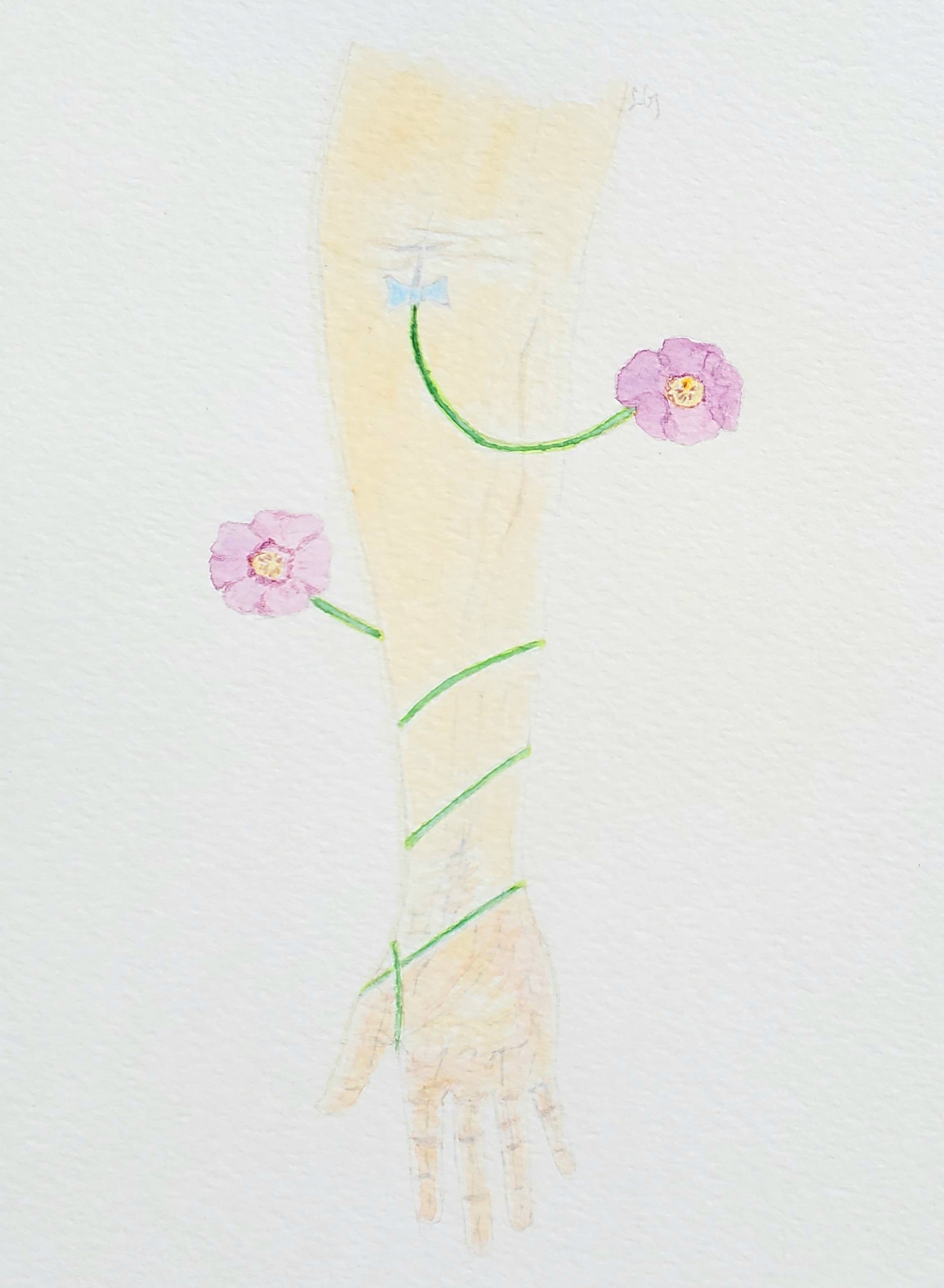 Watercolor of a facing forearm and hand with a blood-draw butterfly needle draining green-colored liquid, instead of blood, into an IV tube, which becomes the stems of violet flowers.